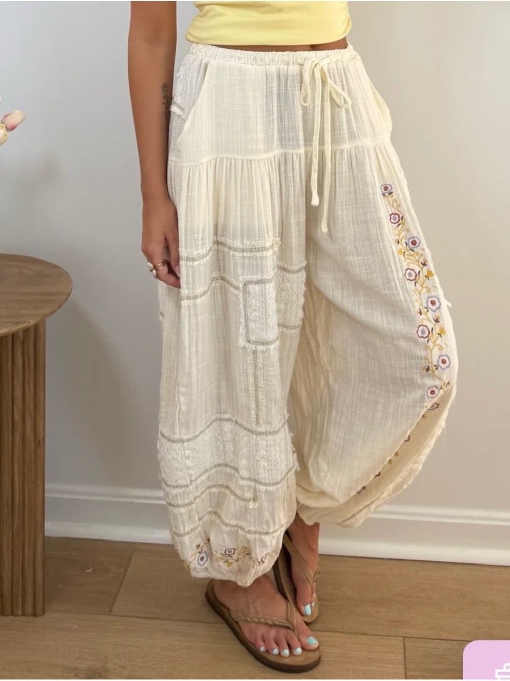 POL Cream Wide-Leg Embroidered Boho Pants